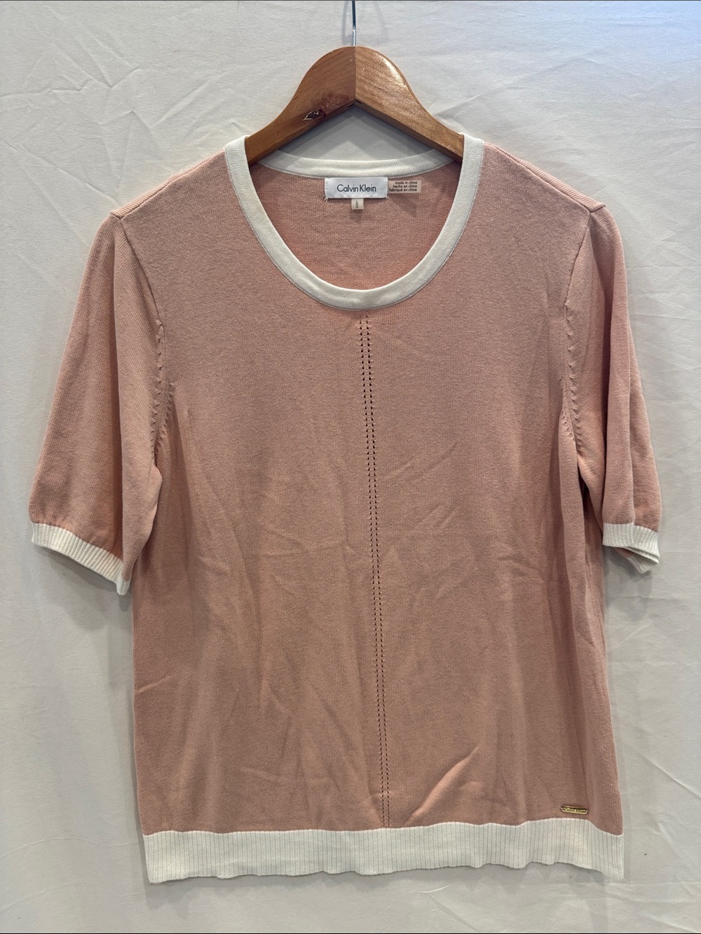 Calvin Klein Pink Short-Sleeve Cotton Knit Top with White Trim, Size Large